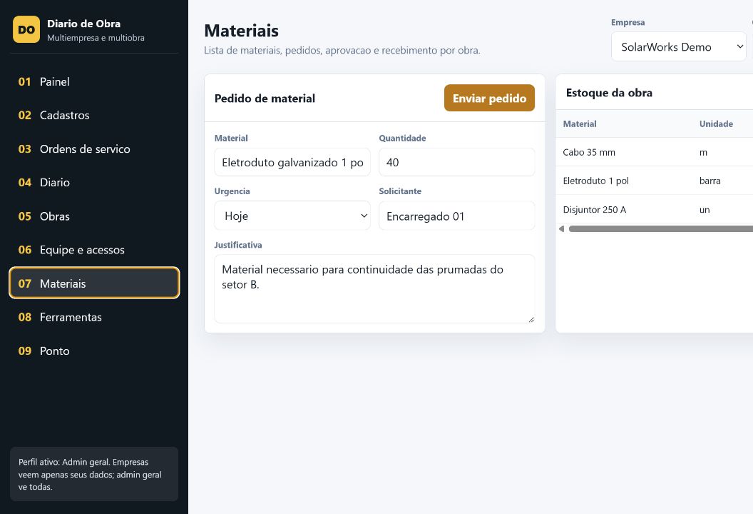 Pedido de material e estoque demonstrativos com dados fictícios