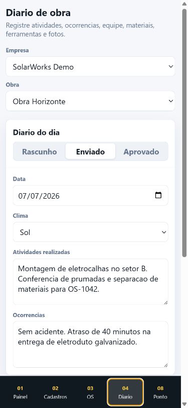 Prévia móvel do Diário de Obras com dados fictícios