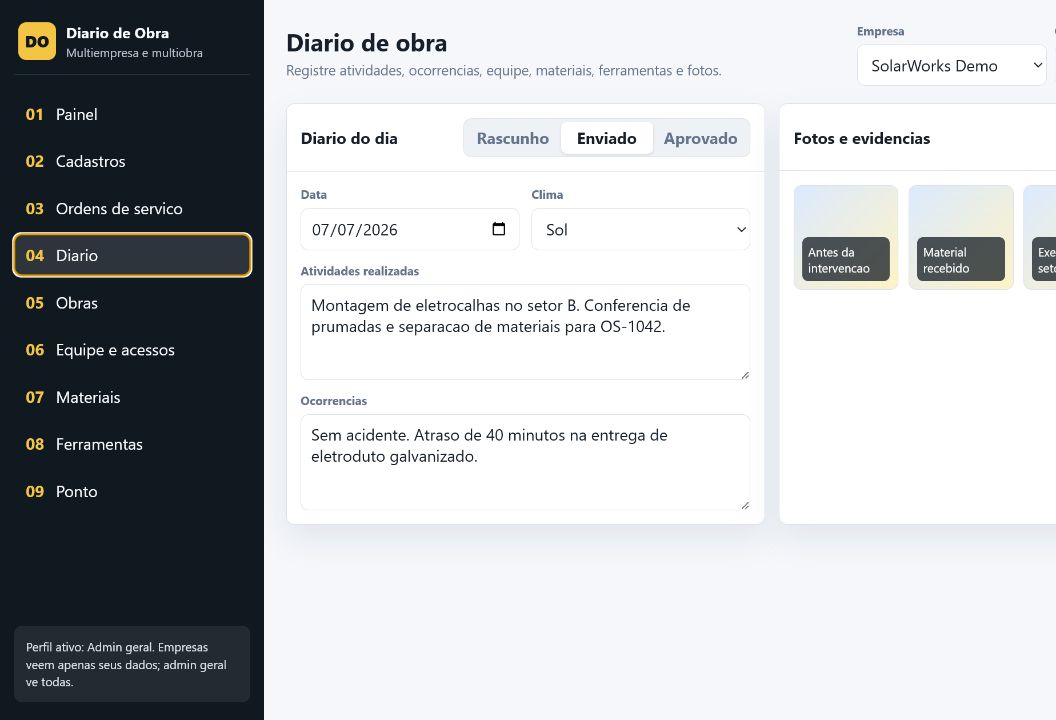 Diário do dia com atividades, ocorrências e fotos fictícias